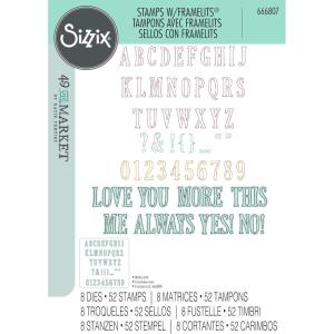 Sizzix A5 Clear Stamps 52PK w/8PK Framelits Fine Line Alpha 01 by 49 and Market