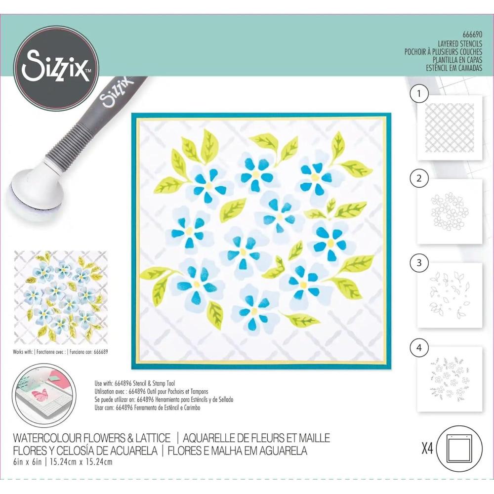 image:imageLayered Stencil 4Pack Watercolour Flowers amp Lattice by Eileen Hull